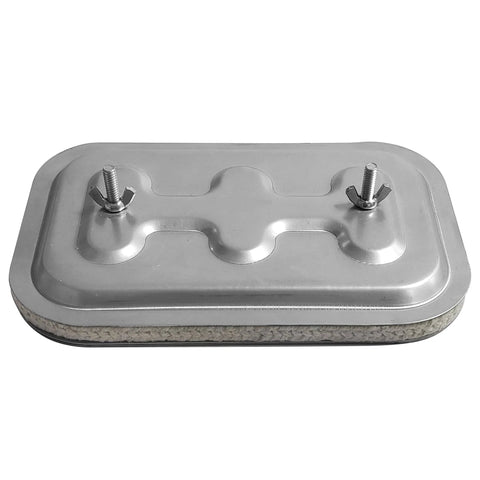 Duct access door 10x6 in for high-temperature grease duct; metal lid with gasket and two bolts.