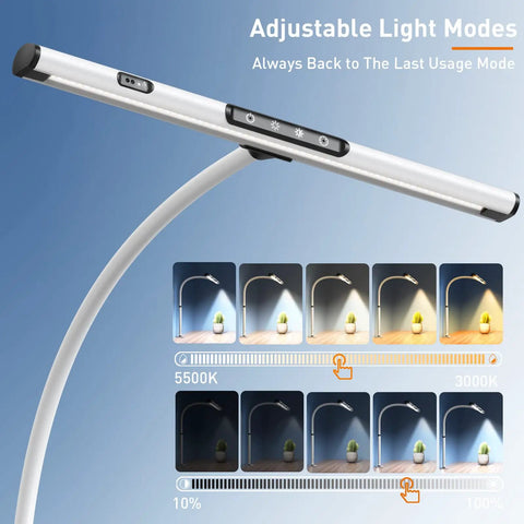Home Office Desk Lamp With Clamp, Remote And Gesture Sensing, Monitor Light Bar, Adjustable Color Temperature And Brightness, Eye Caring 12W LED Light For Workspace, No Blue Light, Glare Free, No Fuss Easy Setup showing adjustable light modes and color temperature range.