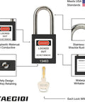 Five Black Lockout Tagout Locks Keyed Alike OSHA Compliant Safety Padlocks for LOTO Kits and Devices with details displayed