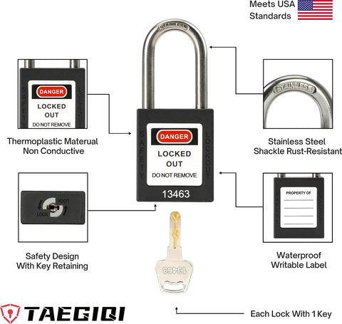 Five Black Lockout Tagout Locks Keyed Alike OSHA Compliant Safety Padlocks for LOTO Kits and Devices with details displayed