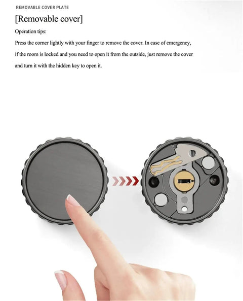 Person pointing to Bedroom Door Lock With Silent Operation, Universal Fit Knob Style Handle, Hidden Key Design, Easy Install