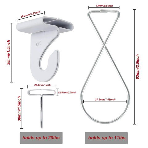 50 Pack Drop Ceiling Hooks For Hangin, 25 Pairs Left And Right Ceiling Hooks Plus 25 Ceiling Hook Clips T Bar Clips dimensions.