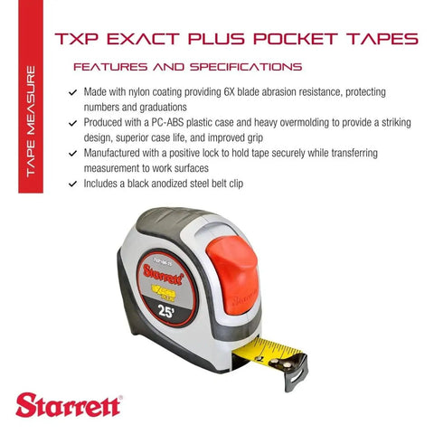 Exact Plus Retractable Imperial Pocket Tape Measure With Nylon Coated Blade And Black Anodized Steel Belt Clip 1.06 Inch Wide 25 Feet Long Heavy Duty Locking Blade Built Tough For DIY And Pros on white background with product specifications text
