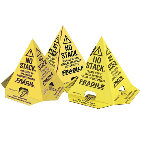 No Stack Pallet Cones Bundle For Safe Shipping And Handling Alerts Grab And Go Lightweight And Easy To Carry Moving Essentials For Freight Protection Mark Fragile Loads In English Spanish And French Language 50 Pack. Yellow cardboard cones with "No Stack" warnings in multiple languages for shipping safety, shown in a group.