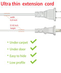 15 Foot Two Prong Indoor Outdoor Extension Cord With Single Outlet White Thin Design For Holiday Lights Lamps Cameras And Small Appliances Durable Flexible Use Inside Or Outside 1 Pack, showing ultra thin profile, dimensions, and low profile features