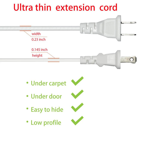 15 Foot Two Prong Indoor Outdoor Extension Cord With Single Outlet White Thin Design For Holiday Lights Lamps Cameras And Small Appliances Durable Flexible Use Inside Or Outside 1 Pack, showing ultra thin profile, dimensions, and low profile features