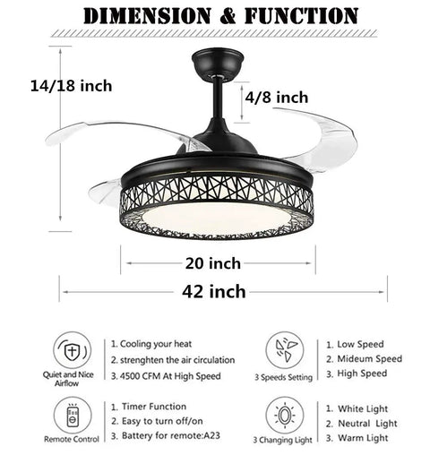 42 Inch Modern Ceiling Fan With Light And Retractable Blades, LED Chandelier Style, black, diagram of dimensions and features.