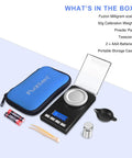 Portable Jewelry Scale 50g Capacity 0.001g Precision Microgram And Milligram Scale For Powder With Tray Tweezers And Calibration Weight Includes Carry Case, showing scale with accessories and case.