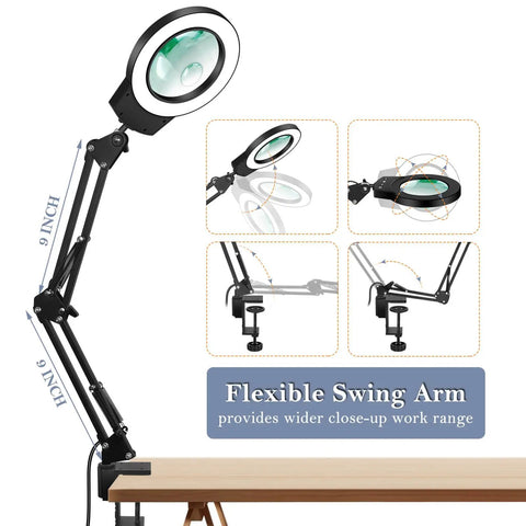 Go-To Desk Magnifier Lamp With Clamp Stand 10X-5X HD Loupe, flexible arm shown clamped to desk, multiple angles displayed
