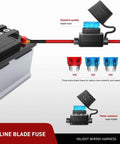 In-line blade fuse shown with water-resistant holder and extra fuse options for 2 Pack 16AWG LED Light Bar Wiring Harness Kit With 2 Leads 12V.