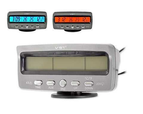 VST 4-in-1 LED car display gauge with thermometer, voltmeter, clock, 12V, gray plastic housing