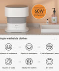 Blue Light Portable Mini Washing Machine With 9L Folding Design for on-the-go laundry showing 60W power and single clothes capacity