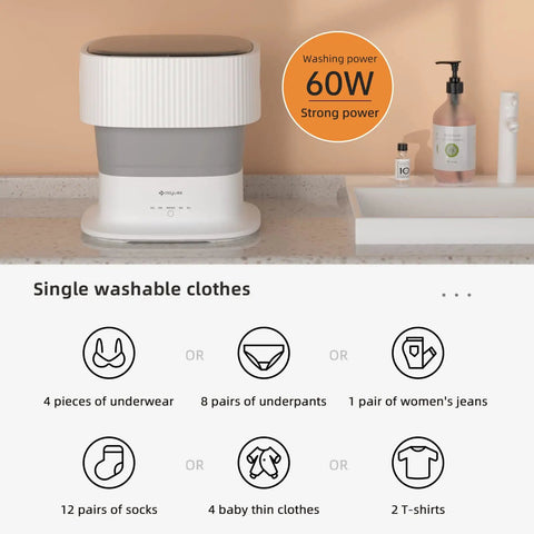 Blue Light Portable Mini Washing Machine With 9L Folding Design for on-the-go laundry showing 60W power and single clothes capacity