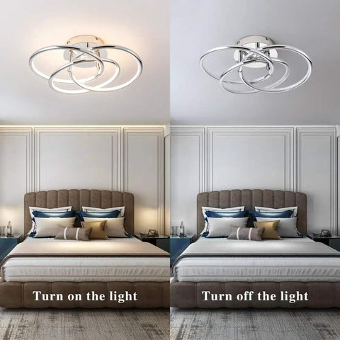 Silver LED Ceiling Light Flush Mount With Dimmable 3000K To 6000K Range in elegant bedroom, light on and off views