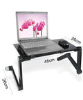 Premium Aluminum Laptop Bed Tray With Adjustable Angled Legs And Cooling Radiating Vents Built Tough Hassle Free Portable Folding Workstation Desk used for a laptop with mouse on flat surface.