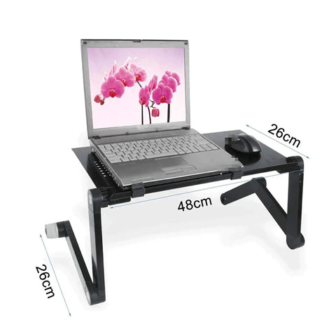Premium Aluminum Laptop Bed Tray With Adjustable Angled Legs And Cooling Radiating Vents Built Tough Hassle Free Portable Folding Workstation Desk used for a laptop with mouse on flat surface.