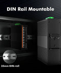 Industrial Din Rail 8 Port Poe Gigabit Ethernet Switch serving up a rip roaring 96W Poe power budget, mounted on 35mm DIN rail.