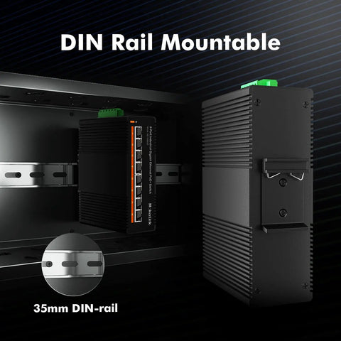 Industrial Din Rail 8 Port Poe Gigabit Ethernet Switch serving up a rip roaring 96W Poe power budget, mounted on 35mm DIN rail.