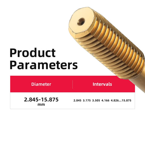Close-up of 10-24 Extrusion Tap HSS Titanium Coated Fluteless Tap showing thread and diameter specifications 2.845-15.875 mm