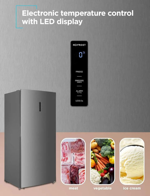 Spacious 21.2 Cubic Foot Convertible Stand Up Freezer And Refrigerator With Built In Frost Free Cooling Clear Glass Shelves And Reversible Entry For Daily Grind Use showing electronic temperature control and food items.