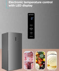 21.2 Cu Ft Convertible Upright Freezer And Refrigerator With Glass Shelves And Reversible Door Stainless Look, LED display and meat storage.