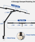 Diagram of Dope Transformable LED Desk Lamp With Clamp showing 6 damped joints and dimensions for flexibility and precision in lighting.