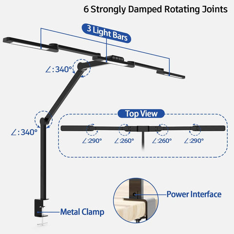 Diagram of Dope Transformable LED Desk Lamp With Clamp showing 6 damped joints and dimensions for flexibility and precision in lighting.