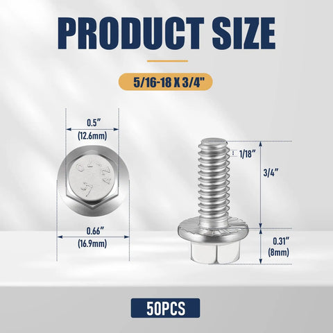 Built Tough 50 Piece Pack Of 5 16 18 By 3 4 Inch 304 Stainless Steel Flanged Bolts with size dimensions and details.