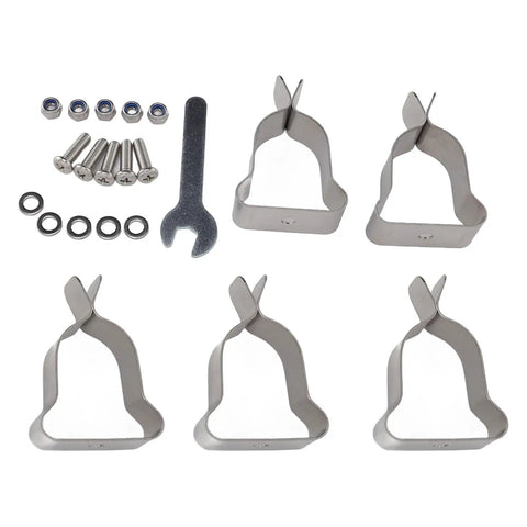 Five Piece Zinc Plated Steel Window Well Cover Clamps And Door Lock Hardware Kit For Corrugated Metal Plastic Basement Covers Fastener Tool Set, with screws, washers, and wrench