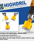 Front view of HIGHDRIL 5-pack dry diamond core bits, 6 mm, triangle shank, yellow holder for concrete and tile.