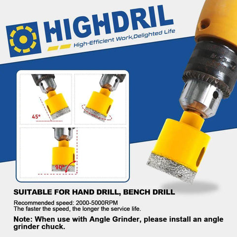 Front view of HIGHDRIL 5-pack dry diamond core bits, 6 mm, triangle shank, yellow holder for concrete and tile.