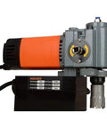 High Performance Brushless Magnetic Drill Press Low Profile Portable Design Light Weight For Industrial Core Drilling And Home Improvement Projects Heavy Duty Metal Processing With Power Up To 1300W Durable Construction Easy Setup Fast Drilling Speeds on a black and orange metal base.