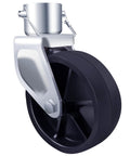Side view of a 6-inch trailer jack wheel replacement with a silver mounting bracket and black wheel