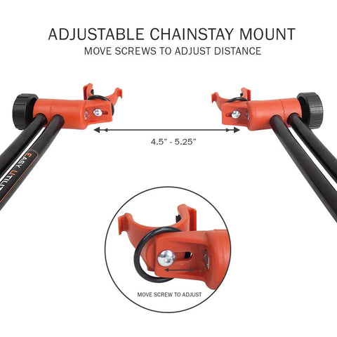 Adjustable Folding Bike Stand For 20 To 29 Inch Bikes Floor Mounted Alloy Steel Rack close-up on adjustable chainstay mount