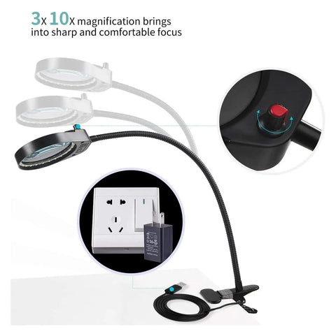 Clip On Magnifying Lamp With 3X 10X Loupes 8X15X Flexible Gooseneck LED Lighted Desk Loupe for PCB Inspection setup view