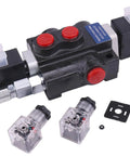 Solarhome 1 dual solenoid 12V DC hydraulic control valve with two transparent solenoids and red caps (front view)