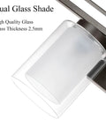 Close-up of dual glass shade on Four Light Dark Bronze Vanity Light With Dual Glass Shades, Hardwired Bathroom Wall Mount.