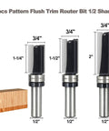 3pcs Pattern Flush Trim Router Bit Set 1/2 shank featuring solid half shank and micro grain carbide teeth for precise cutting.