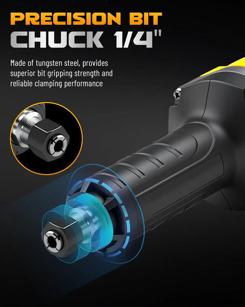 Built Different Cordless Die Grinder Compatible With Dewalt 20V Max Batteries features a 1/4 inch precision chuck for robust bit gripping.