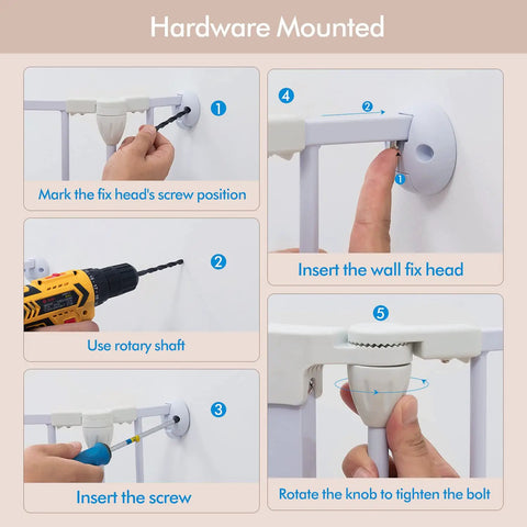 Installation steps for hardware mounted Extra Wide Baby Gate And Play Yard For Pets Or Kids, Adjustable from 35.8 to 78.74 inches.