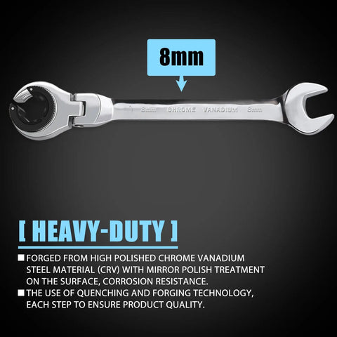8mm wrench from 9 Piece Metric Open Flex Head Ratcheting Wrench Set 8 To 17mm With 72 Tooth Mechanism Chrome Vanadium Steel