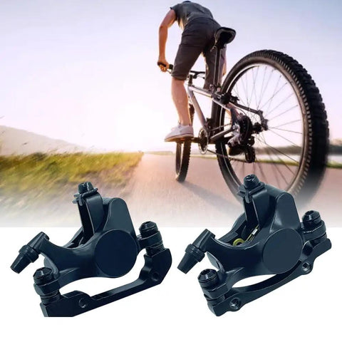 Rock Solid Mechanical Disc Brake Calipers Set For Road And Mountain Bikes Dual Piston Wire Pull Aluminum Alloy Front And Rear Calipers Kit Easy Install Lightweight Corrosion Resistant Black Finish shown with cyclist in background.