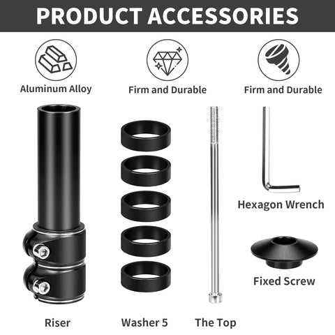 Adjustable Bike Stem Riser Handlebar Extender That Boosts Your Ride Up To Five Point Two Inches Rise For One And One Eighth Inch Steerer Fits Road MTB BMX Cycles Aluminum Alloy Black Finish with accessories, washers, and tools displayed