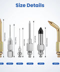 Front view of a 7-piece grease gun needle-tip accessory kit with metal tips, adapters, and elbows