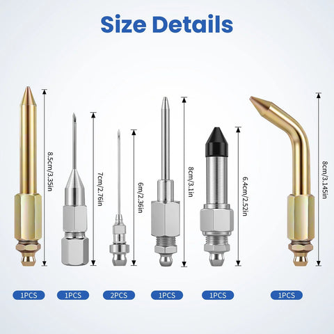 Front view of a 7-piece grease gun needle-tip accessory kit with metal tips, adapters, and elbows