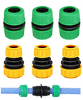 6 Pack Hose Connectors Quick Connect Kit For 1/2 To 1/2 And 1/2 To 3/4 Inch Couplings, green and yellow ABS connectors shown