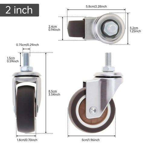 4 Pack 2 Inch TPR Rubber Caster Wheels For Furniture Quiet Ball Bearing Rollers Floor Savers Heavy Duty Swivel Casters Silent Smooth Glide Zero Hassle Install Coffee Brown dimensions and side view