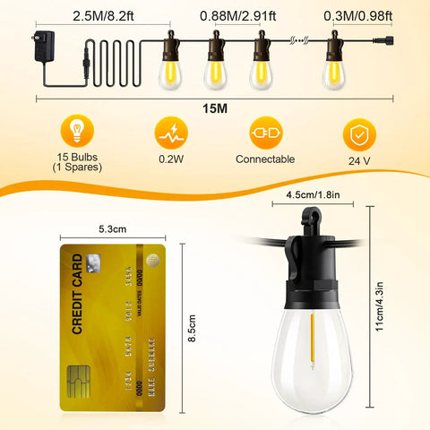 Sizing and features of Outdoor String Lights 50 Ft Waterproof Patio Led With 15 S14 Edison Bulbs Remote Dimmable Connectable Balcony