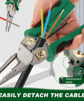 Close-up of Eight In One Wire Stripper with Voltage Tester cutting colored wires, highlighting replacement blade and stainless steel material.