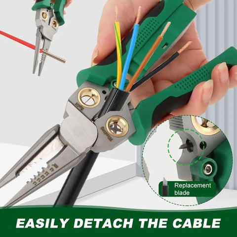 Close-up of Eight In One Wire Stripper with Voltage Tester cutting colored wires, highlighting replacement blade and stainless steel material.